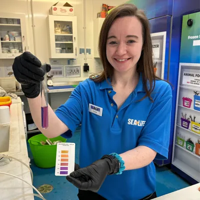 Sea Life team member a holding tube with liquid and PH balance chart in the behind the scenes area at SEA LIFE Manchester