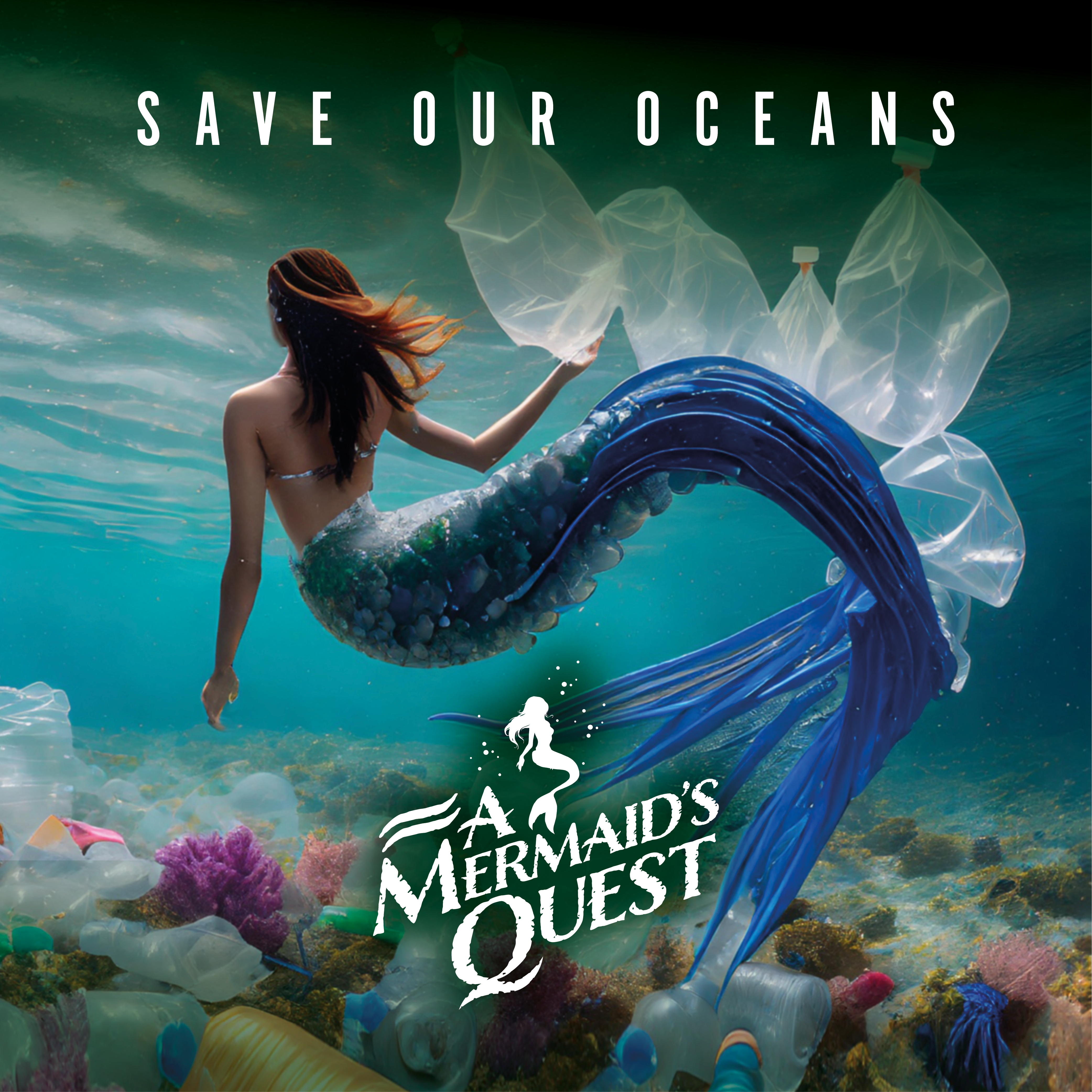 A Mermaid’s Quest VR experience by Immotion at SEA LIFE Grapevine Aquarium, featuring a mermaid swimming through an ocean filled with plastic pollution, promoting ocean conservation.