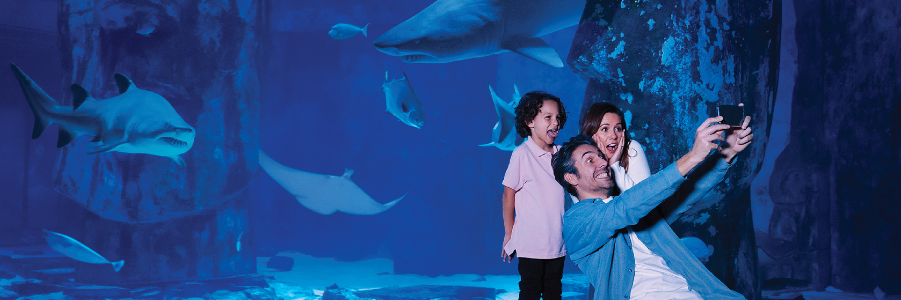 Family taking a selfie with excitement at SEA LIFE Aquarium, surrounded by marine life, including a large shark, stingray, and various fish swimming in a large, immersive tank environment with deep blue lighting.