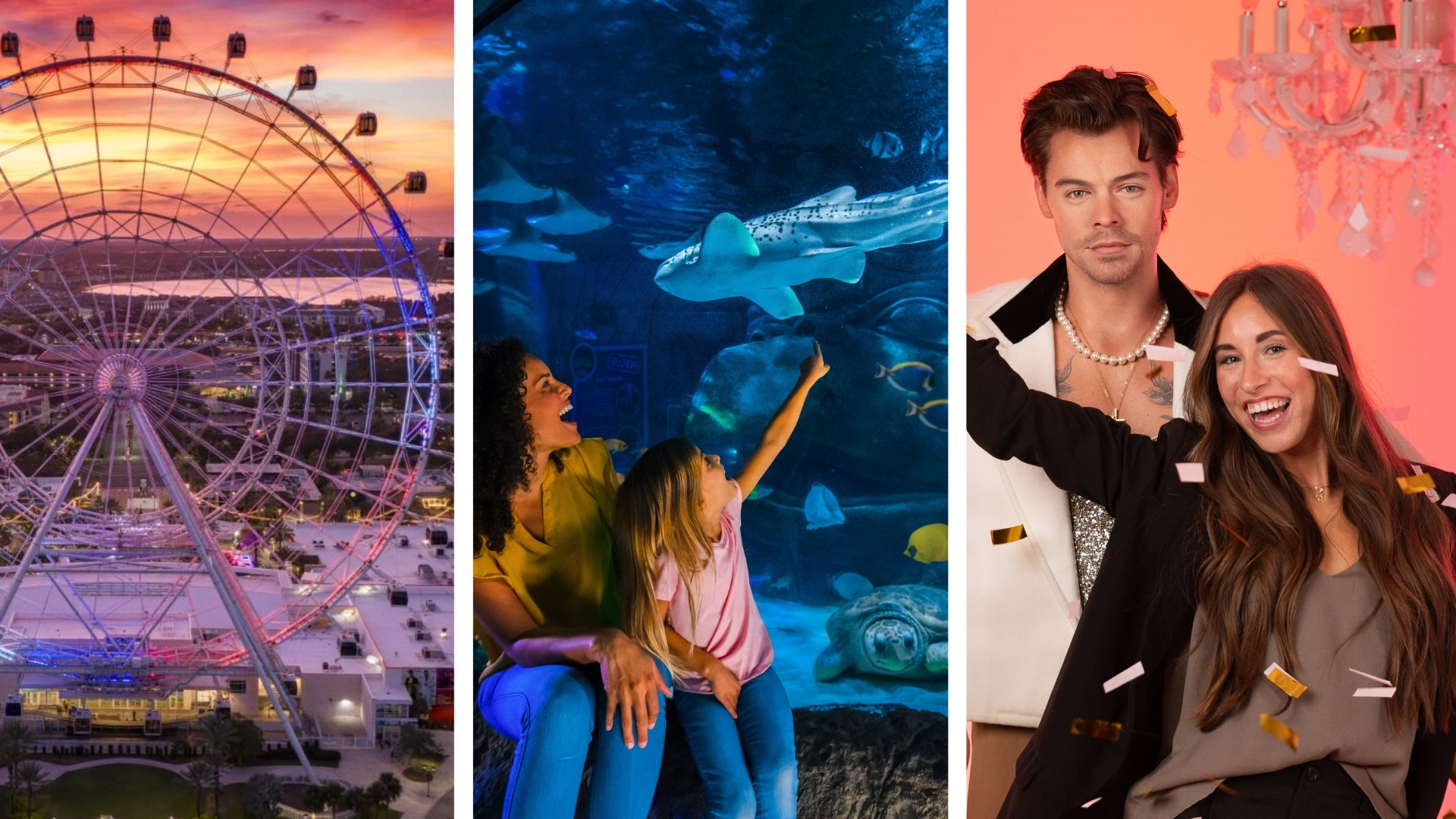 High-angle view of The Orlando Eye ferris wheel against a vibrant orange and pink sunset backdrop with a serene lake. Center image shows a woman with curly hair smiling beside a young girl with long blond hair pointing at a zebra shark in the Indian Ocean habitat at SEA LIFE Orlando Aquarium. The third image, separated by a white divider, features a woman with long brown hair posing with a Harry Styles wax statue as confetti falls around her in Madame Tussauds Orlando.