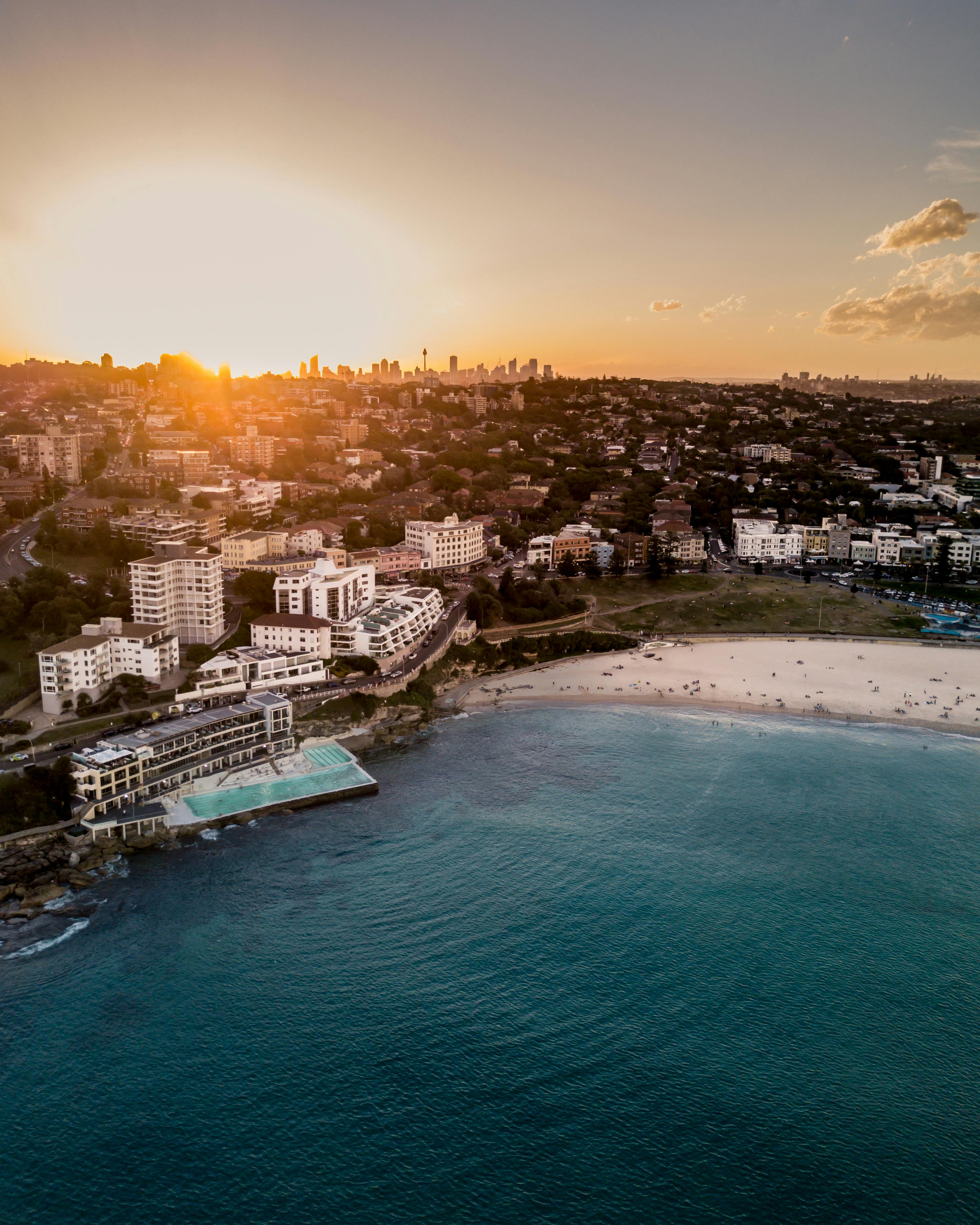 An aerial image of a sunset over Bondi Beach